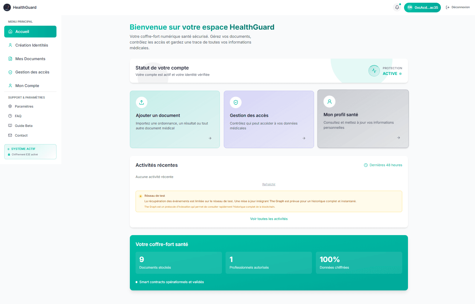 Dashboard HealthGuard - Vue patient avec données médicales